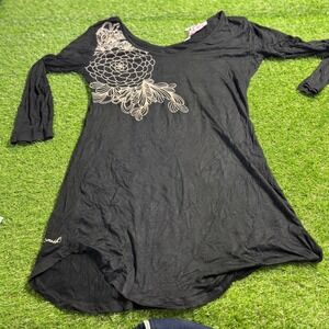 Smash Black Long Sleeve Floral Print Tunic Dress Top Women's L